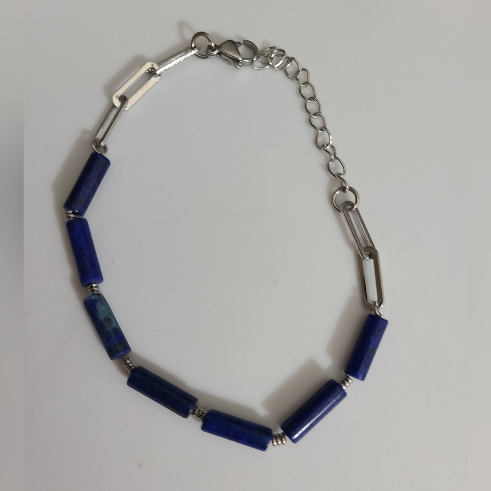 Lapis lazuli bracelet silver links chain like new blue natural gemstone 10"